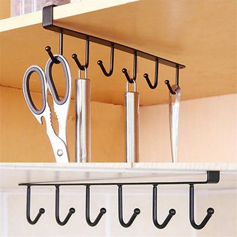 6 Hooks Cup Holder Hang Kitchen Cabinet Under Shelf Storage Rack Organiser Hook Iron Kitchen Storage Rack Bathroom Organizer