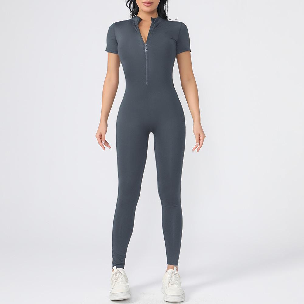 Tuta da Yoga con Zip Nude Feel da Donna - Manica Corta, Gamba Lunga, Vestibilità Aderente per Danza & Fitness