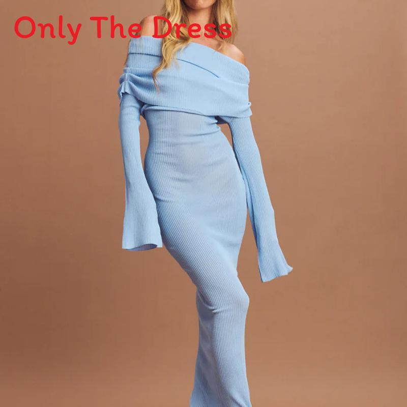 Long Sleeve Solid Color Dress With Ruffled Knit Fabric For Casual Streetwear Women