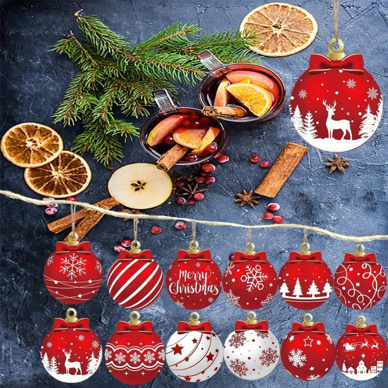 48pcs/set Red and White Wooden Christmas Ball Ornament Elk Snowflake Pattern Christmas Party Hanging Decoration Supplies Winter