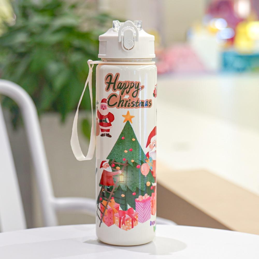 

NEW 700ml Christmas Theme Water Cup Cartoon Plastic Plastic Straw Mug with Straw with Lanyard Water Bottle Gifts 0.25L