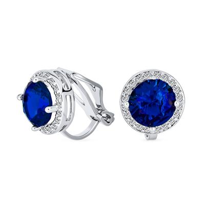 2CT Blue Brilliant Cut Solitaire Round Cubic Zirconia CZ Halo Clip Stud Earrings Simulate Sapphire Silver Plated Brass