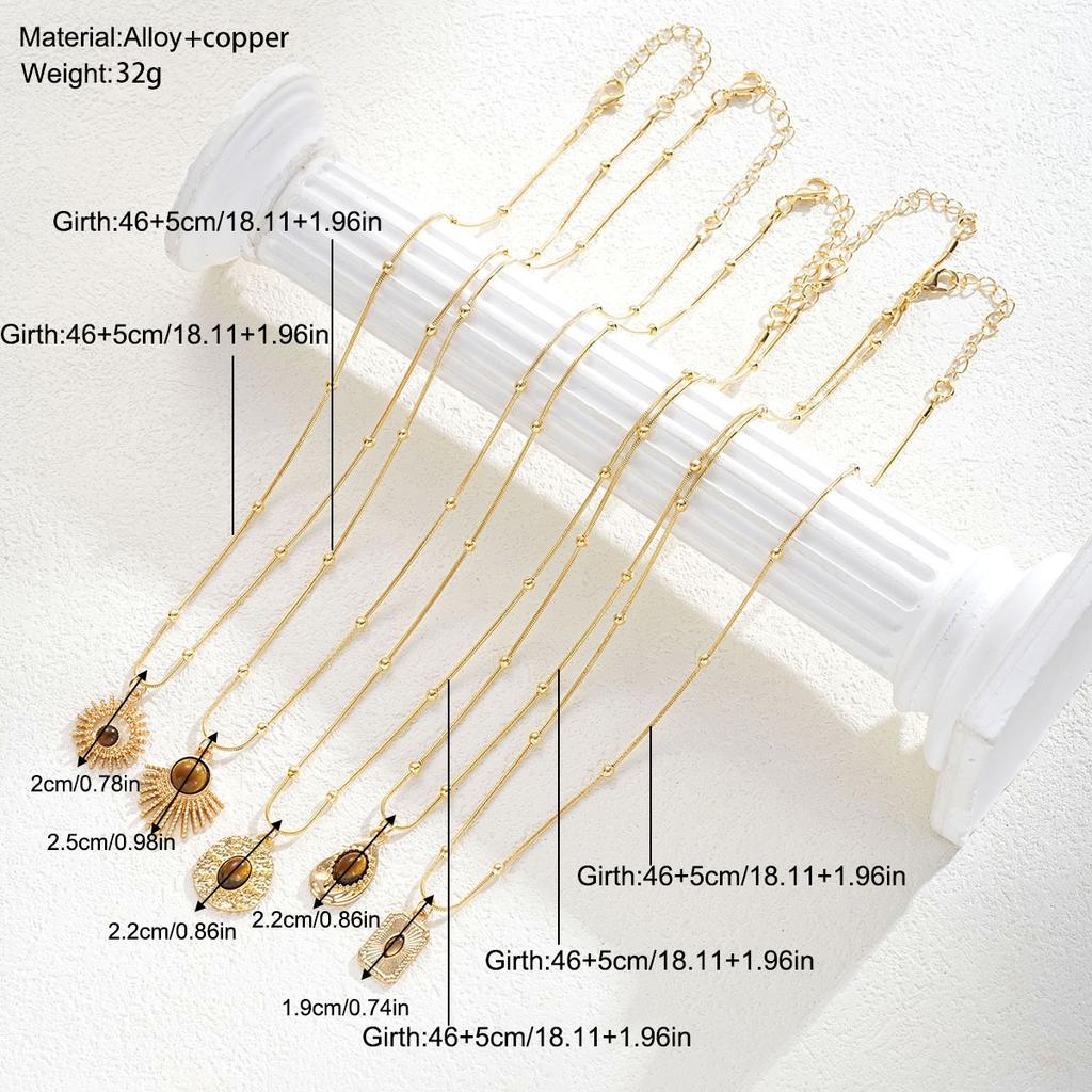 iF ME 5PCS Vintage Brown Opal Pendant Necklaces for Women Maillard Gold Color Metal Geometric Choker Necklaces Y2K Jewelry Accessories