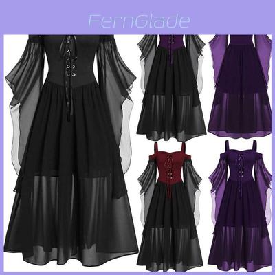Halloween Witch Dress Gothic Medieval Cosplay Costume Off Shoulder High Quality Polyester Fabric