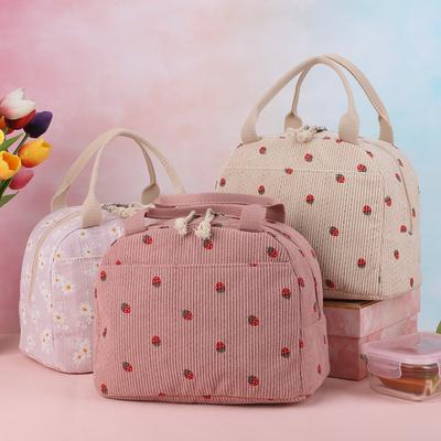 Strawberry/Daisy Corduroy Lunch Tote Bag Large Capacity Lunchbox Container Multi-Function Thermal Bento Bag for Camping Picnic