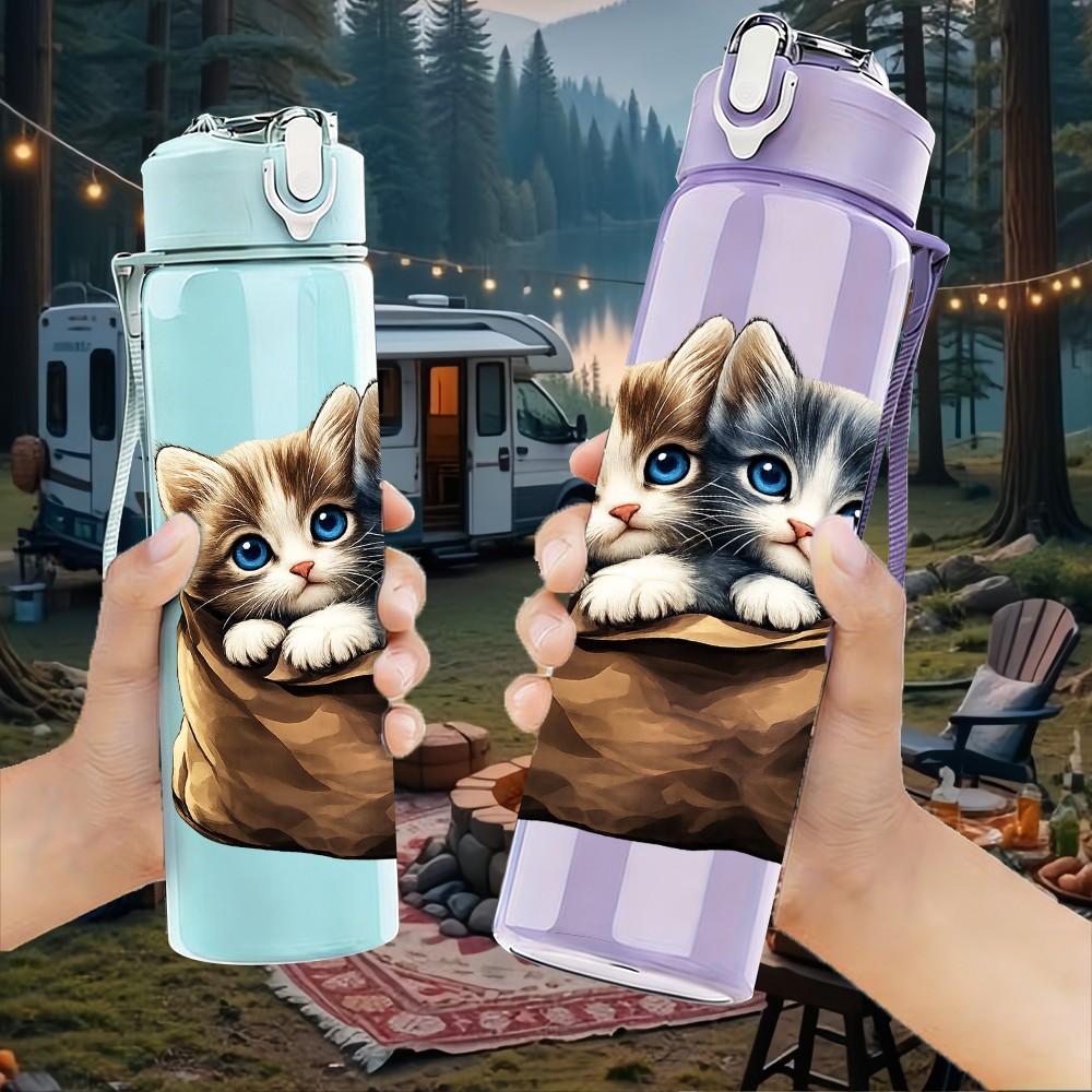 1PC Kitten Cat Inside Canvas Bag Print 750ml Color Plastic Sports Water Bottle Leakproof Flip Straw Lid Suitable for Sports Office Home Use