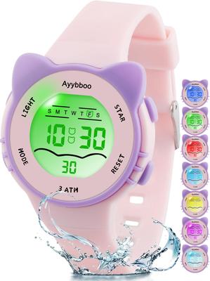 Ayybboo Kids Watch, 7 Color Light Watch, For Girls Boys, Children's Digital Watch, Cat Design, 3ATM Water Resistant / Quartz / Soft Strap For Ages