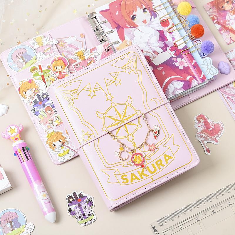 Cute Pink Sakura Anime Loose-Leaf Diary Notebook Colorful Pages Spiral 6 Holes Binder Notebook Journals Planner Stationery Set Quality