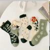 Two Pairs of Women Mid Tube Socks Kawaii Cartoon Green Flower Cotton Socks Harajuku Casual Breathable Retro Mori Style Socks