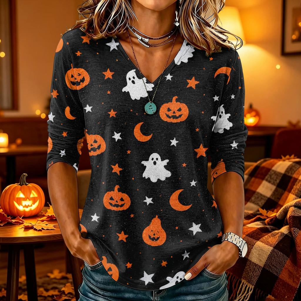 Women's Casual Halloween Print V-Neck Three-Quarter Sleeve Top for Party Wear