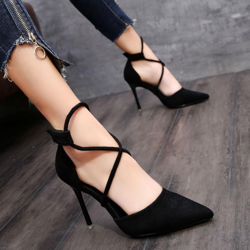 2025 summer European and American suede pointed toe crossed anklet strap high heels women's banquet nightclub sexy thin heel women's sandals