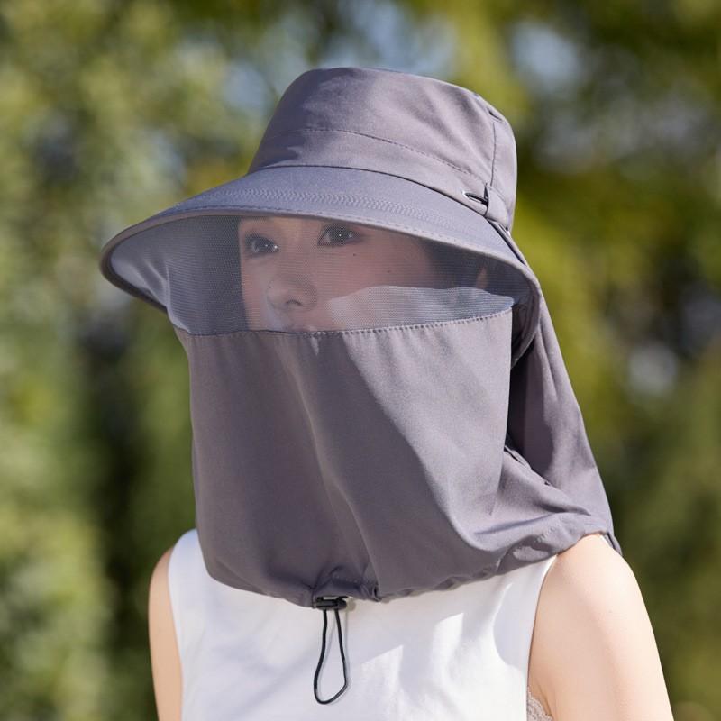 Full face sunscreen large brim shawl sun hat women's neck protector integrated UV protection bucket hat ponytail hat