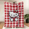 Red and White Plaid Throw Blanket Cute Cartoon Cat Print Cozy Soft Blanket for Kids Girls Home Sofa Bed Decor