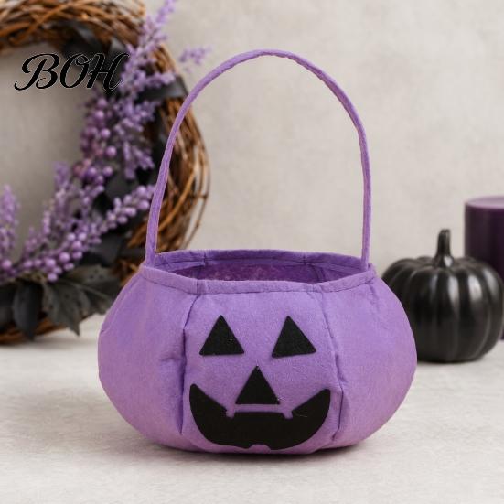 Halloween Party Decoration Pumpkin Candy Bag for Kids, Reusable Non-Woven Trick or Treat Bucket, Bucket Face Snack Holder Basket with Handle