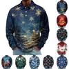 Men's Vintage Corduroy Christmas Print Long Sleeve Pullover with Collar and Pocket, Casual Top