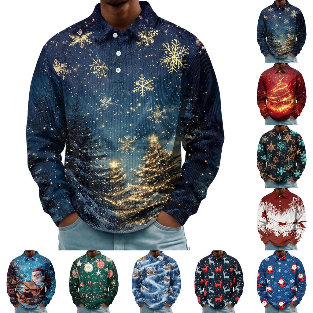 Men's Vintage Corduroy Christmas Print Long Sleeve Pullover with Collar and Pocket, Casual Top