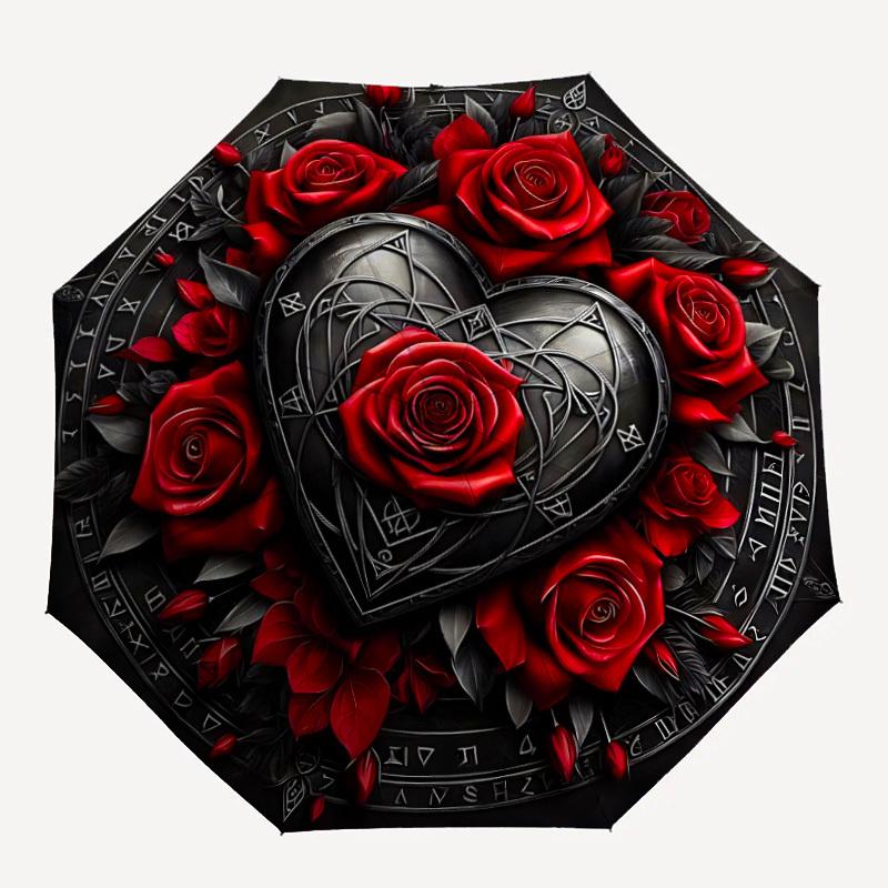1pc Gothic Roses Heart Decor Automatic Folding Umbrella Durable Iron Frame,All Seasons Home Travel Outdoor Multifunctional Umbrella yy251115170