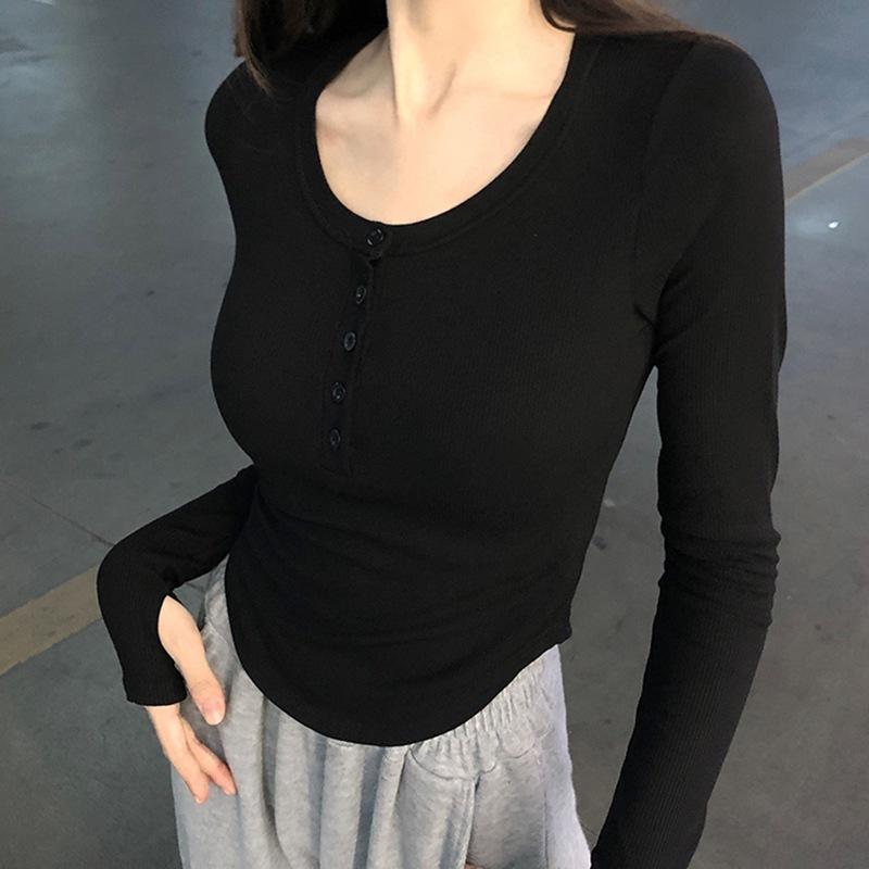 Codzienny Dopasowany Uniwersalny Do Noszenia Pod Spód Jednolity Kolor Guziki Ozdobiony Dekolt U Długi Rękaw Koszulka Bazowa Top