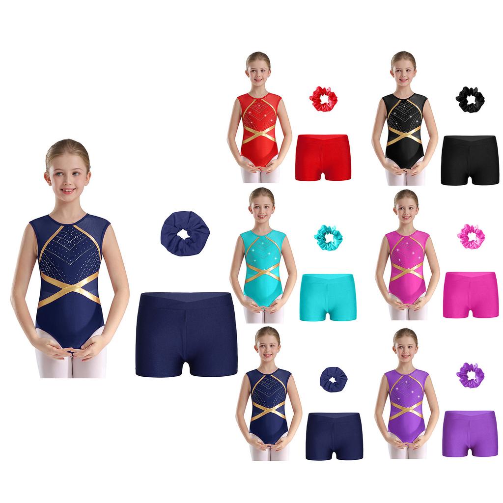 Kids Girls Gymnastics Outfit Keyhole Back Patchwork Sleeveless Glittery Rhinestones Leotard with V-front Waistband Shorts Hair Tie Headwear