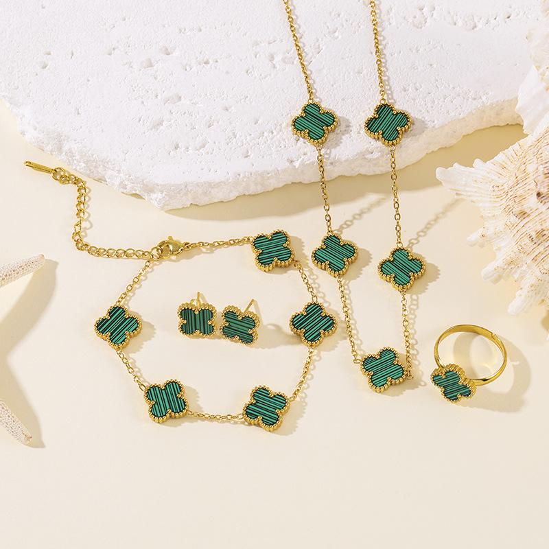 4pcs Four-Leaf Clover Four-Piece Set Including Necklace, Bracelet, Earrings and Ring, Versatile Lucky Five-Petal Fashion Jewelry
