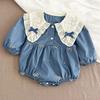 Baby-Krabbelstrampler im koreanischen Stil mit besticktem Kragen - Langarm, Niedrige Vollabdeckung für Frühling/Herbst.