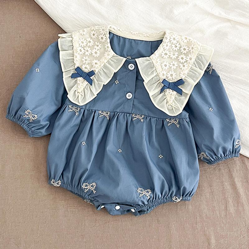 Baby-Krabbelstrampler im koreanischen Stil mit besticktem Kragen - Langarm, Niedrige Vollabdeckung für Frühling/Herbst.