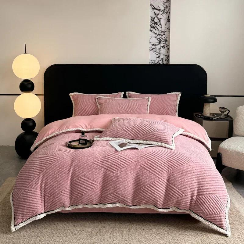 

Light Luxury High-end Winter Thickened Double-sided Quilt Cover Soften Warm Comfortable King Size Bedding Set Duvet Cover Set Only 2 pillowcases рожевий