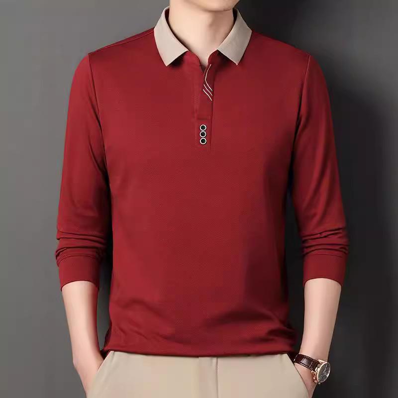 Men's Spring and Autumn Four Seasons Thin Section of Solid Colour Scissor Collar Long Sleeved Polo Shirt Casual Lapel Top T-shirt