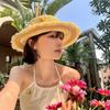 Idyllic Flower Flat Top Straw Hat Female Summer Seaside Beach Vacation Sun Hat Large Brim Shading Sun Protection Hat
