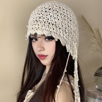 Häkelmütze für Damen, einfarbig, Strickmütze im Ethno-Stil, mit Quastenbesatz, Schnürung, handgefertigte Häkelmütze