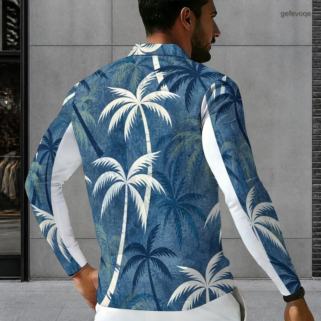 Men Plus Size Long Sleeve Quarter Zip Collared Polo Shirt Teal Printed