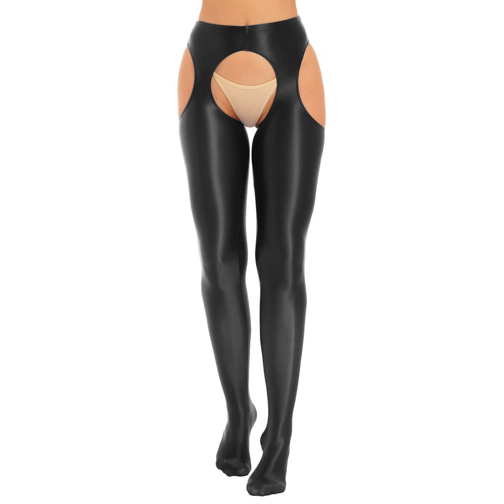 Damskie Rajstopy Bez Krocza Błyszczące Rajstopy Średnio Wysoki Stan Styl Wycięty Elastyczny Pas Wąskie Legginsy