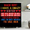 Back Off Shower Curtain: Bold Design for Bathroom Decor Features Hilarious Warning Text about a Crazy Sister