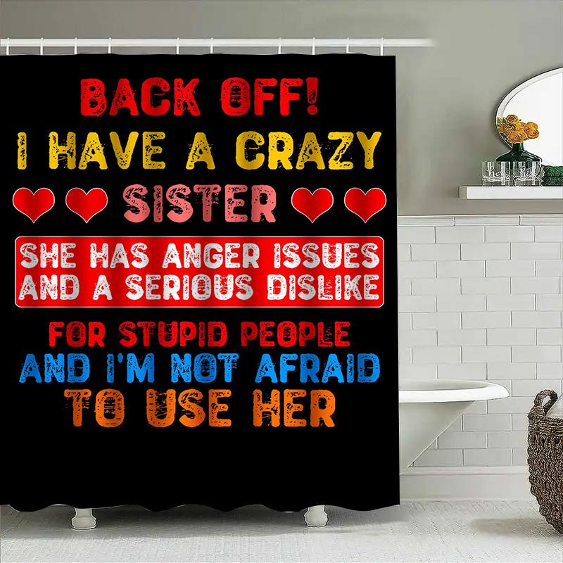 Back Off Shower Curtain: Bold Design for Bathroom Decor Features Hilarious Warning Text about a Crazy Sister