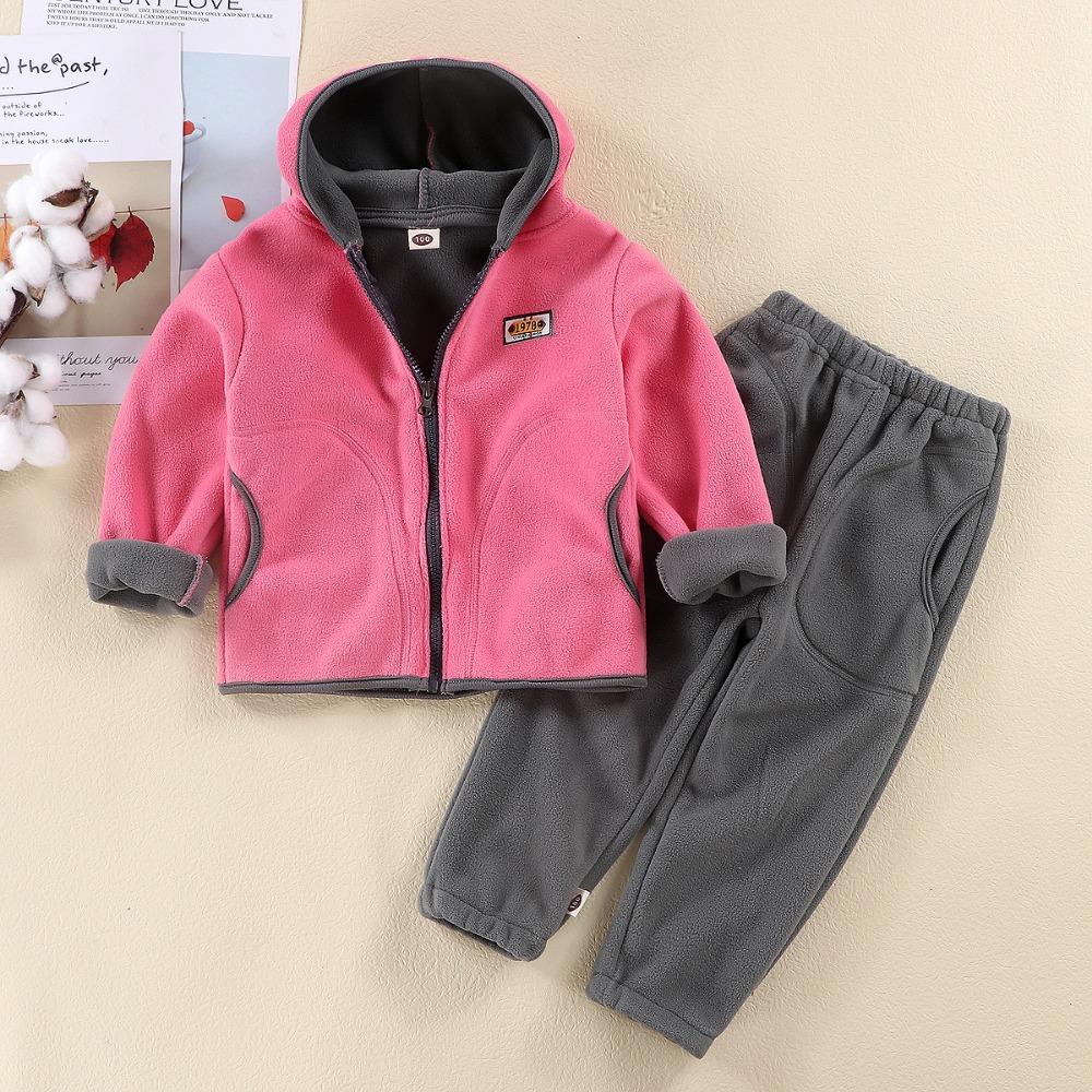 Autumn & Winter Kids' Thickened Warm Casual Outfit Sets – Soft Fleece Solid Zipper Hooded Coat + Pants Suit for Baby Boys and Girls