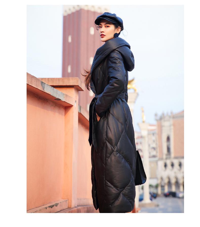 European & American 2025 Winter Sheepskin Leather Down Jacket: Women's Extra Long Thick Hooded Coat