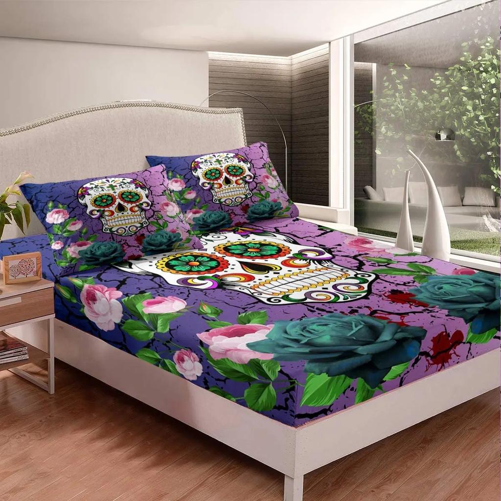 3D Dead Sugar Skull Girl Kissing Skull Home Bed Fitted Sheet Set Soft Microfiber Breathable Bedding All-Round Elastic Pocket