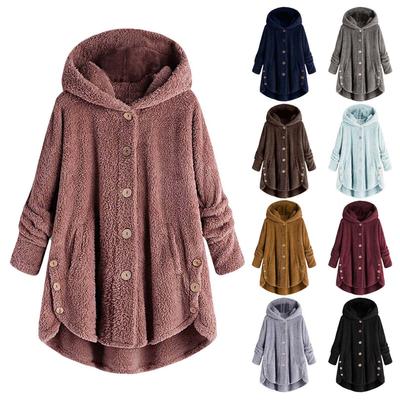 Women Plus Size Button Plush Tops Hooded Loose Cardigan Wool Coat Winter Jacket