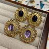 Medieval Vintage Round Retro Stud Earrings Necklace, Western Gold-Plated Purple Glazed Gemstone Elegant Stud Earrings Women