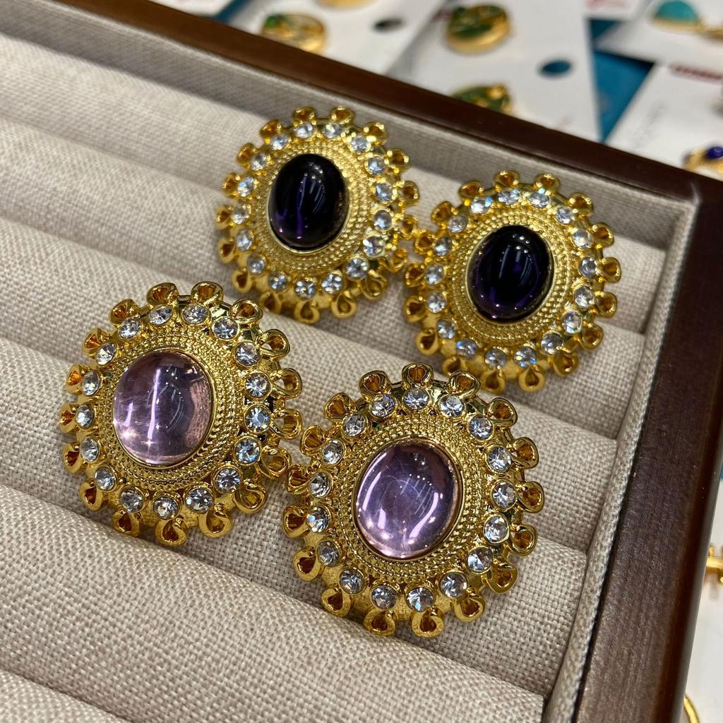 Medieval Vintage Round Retro Stud Earrings Necklace, Western Gold-Plated Purple Glazed Gemstone Elegant Stud Earrings Women