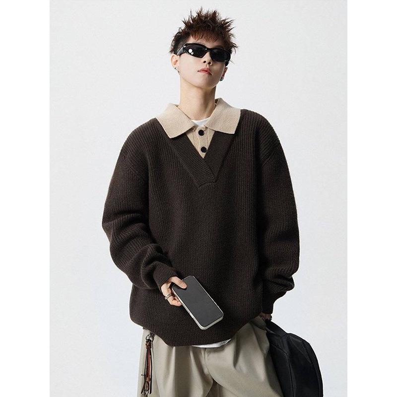 Men's American Retro Faux Two-Piece Polo Collar Sweater - Autumn/Winter Clean Fit Loose Casual Knitwear