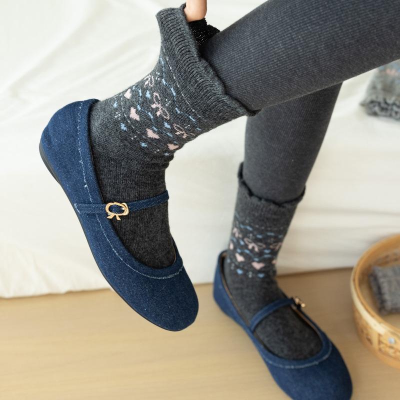Fall/Winter Wool Socks - Fel Island Elk Warm Mid-Calf Socks - Bowknot Heart Retro Style Thick Socks - Children's