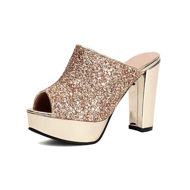

Плюс Сайз Верх из Глиттерной Ткани Супер Высокий Толстый Каблук С Открытым Носком Тапочки Платформа Ослепительные Сверкающие Модные Тапочки 37 золотой