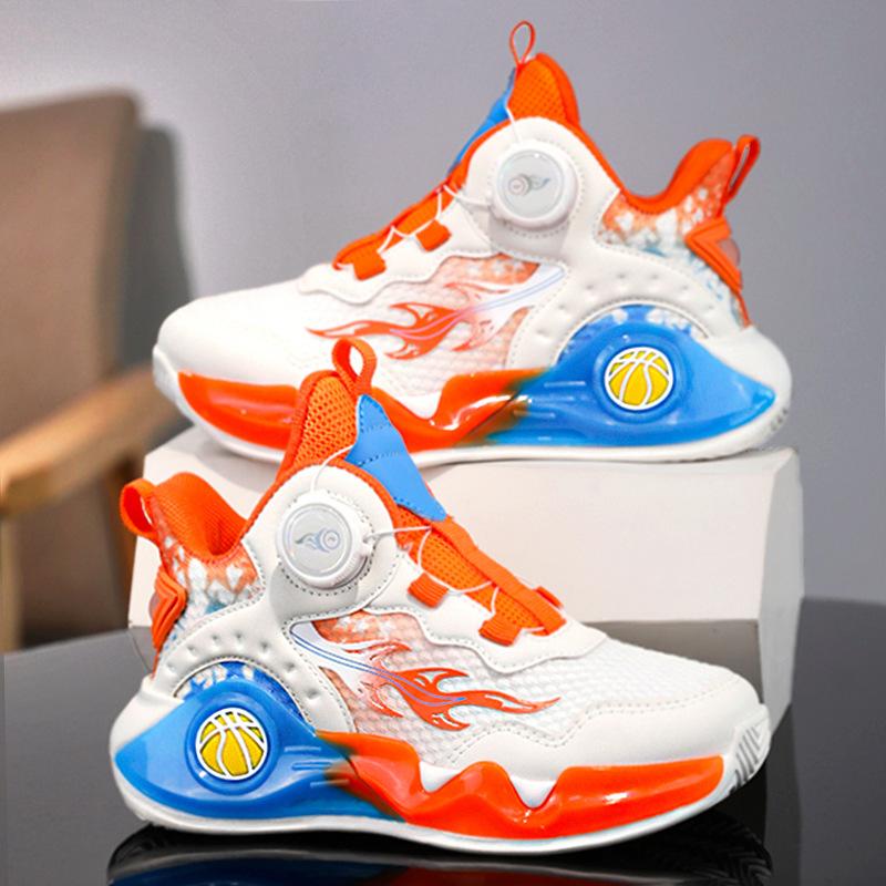 Boys' Shoes Sports Lightweight Soft Soled White Children's Mesh Basketball Rotating Buckle