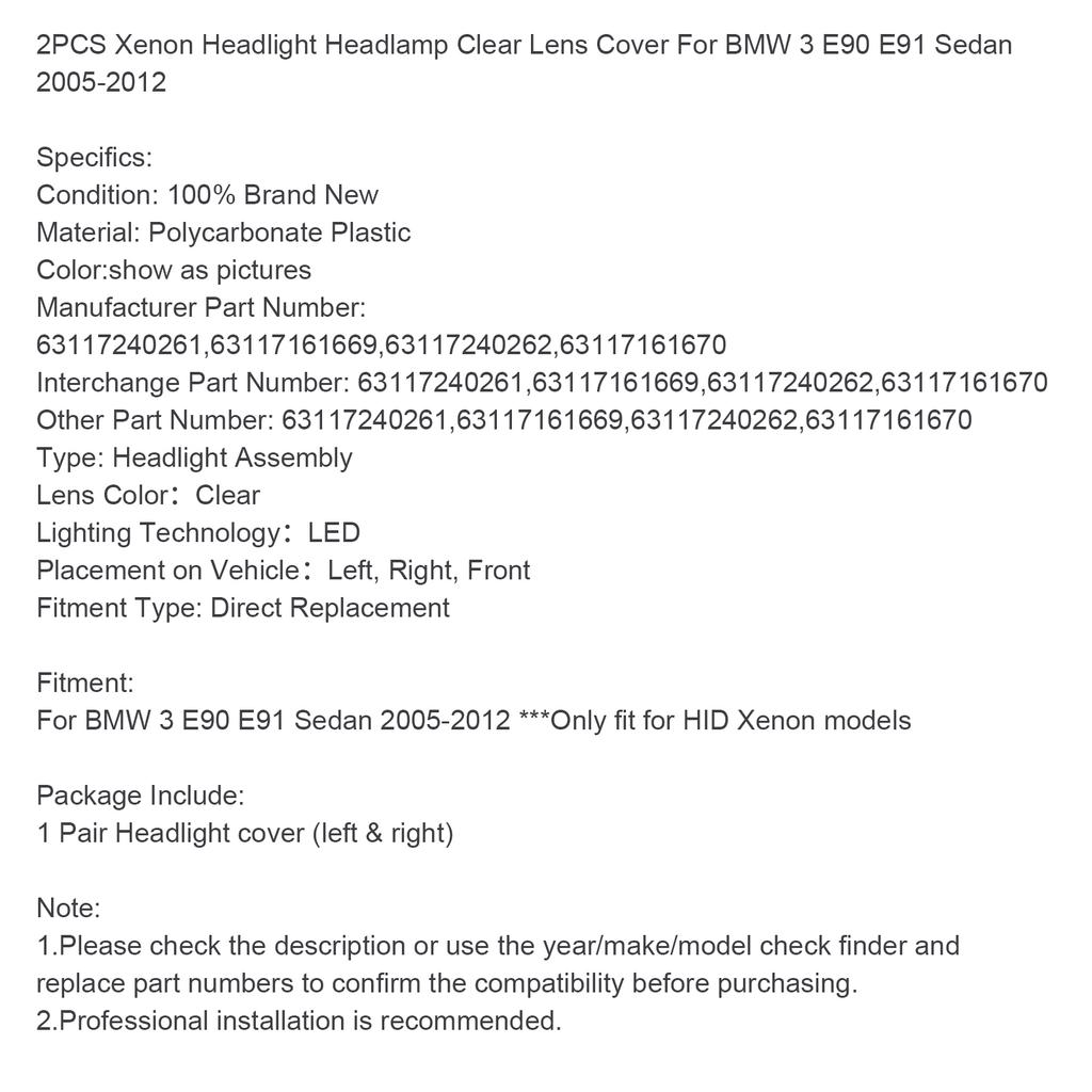 2PCS Xenon Headlight Headlamp Clear Lens Cover For BMW 3 E90 E91 Sedan 2005-2012