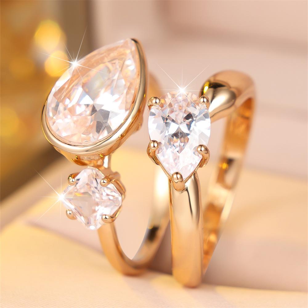 S/set White Zircon Water Drop Stone Ring Sets For Women Vintage Gold Color Engagement Bands Wedding Jewelry Accessories