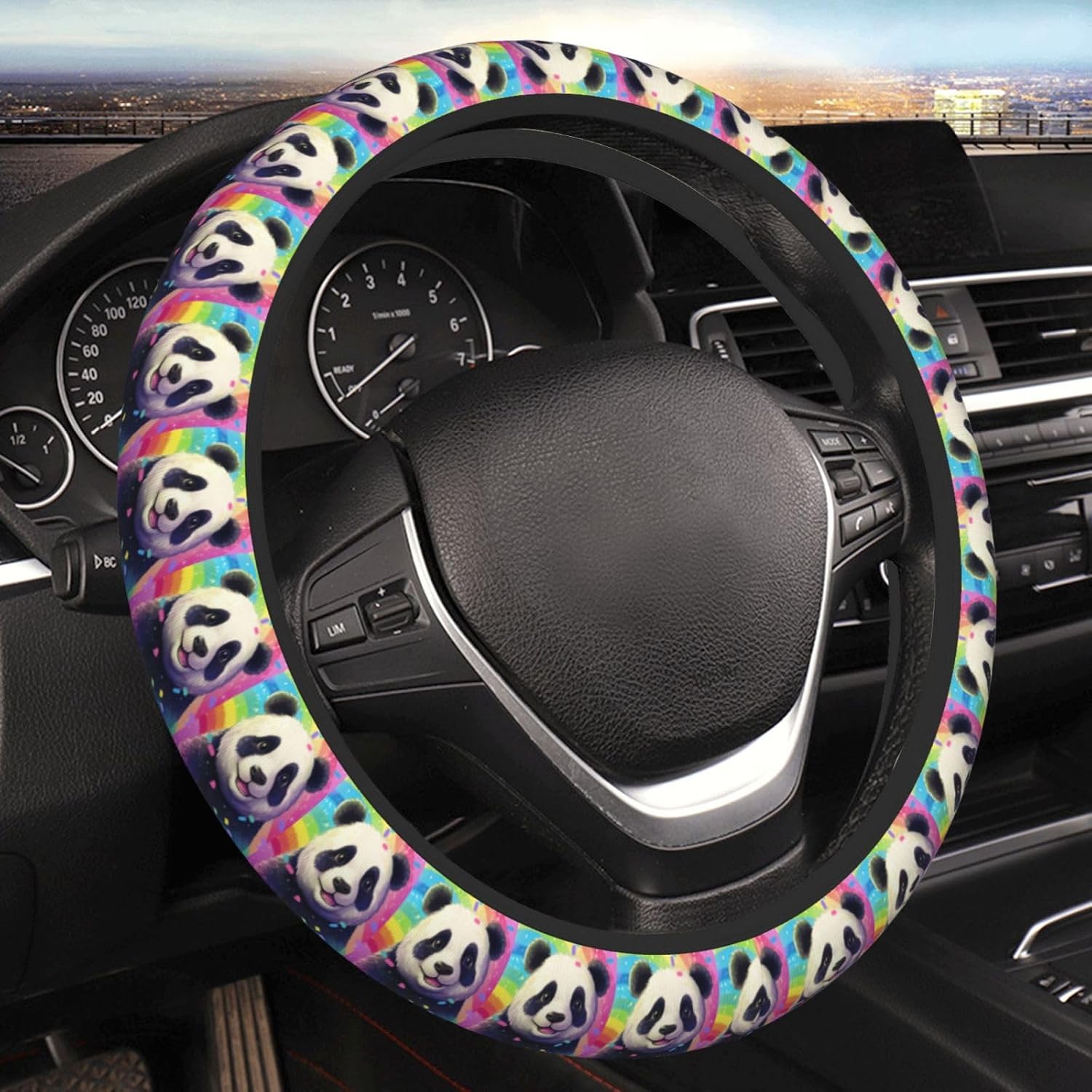 

Footballs Black Steering Wheel Cover 15 Inch Car Truck SUV Universal Steering Wheel Cover Durable Protector Car Accessories Panda Bear On Rainbow