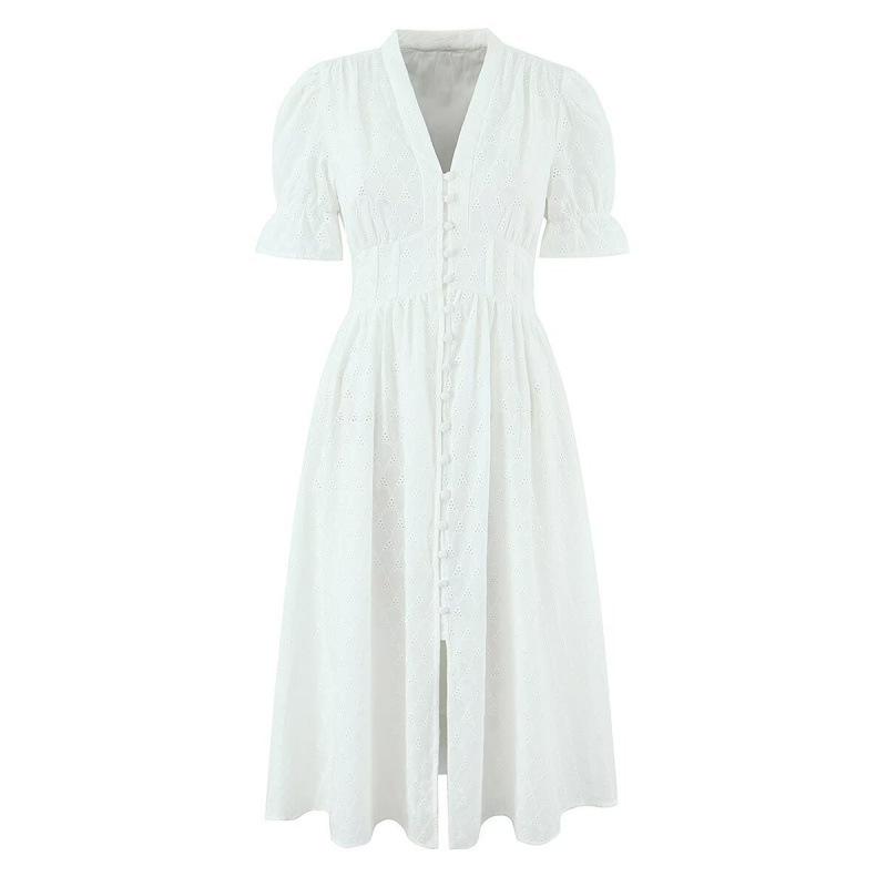 

2026 Spring European & American Style Cotton V-neck Hollow Embroidery Mid-length French Waist Dress Small білий