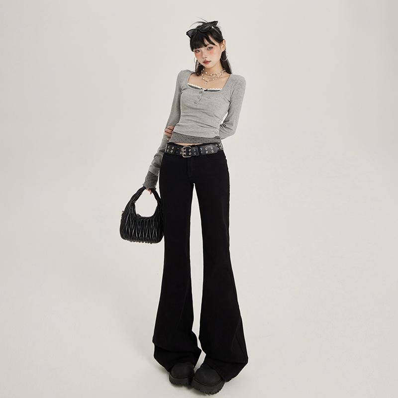 

Женские облегающие расклешенные джинсы 2025 года с заниженной талией — черные, нескользящие, эластичные, утягивающие ноги, весенний стиль XS