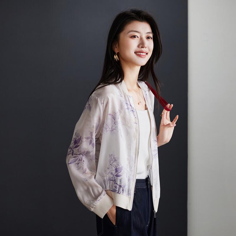 SOFSIL Women s Silk Floral Print Baseball Jacket M